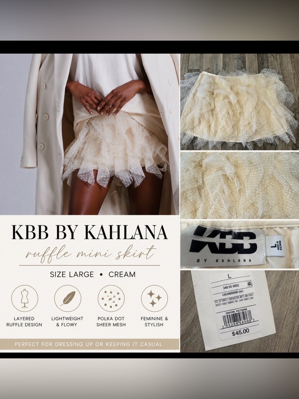 KBB by Kahlana Ruffle Mini Skirt – Women’s Large – NWT – Cream Swiss Dot Mesh
